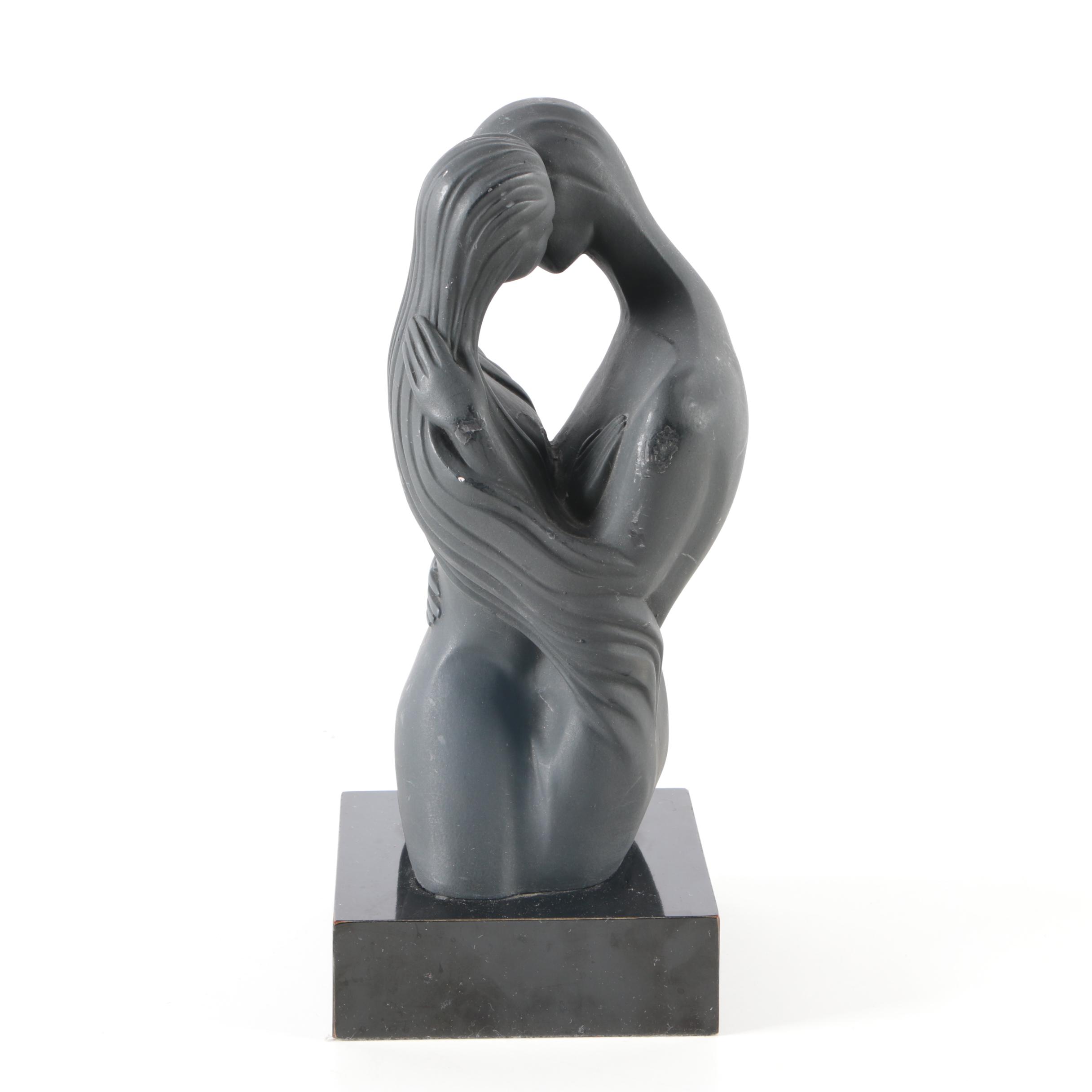 Black Painted Plaster Sculpture of Embracing Couple