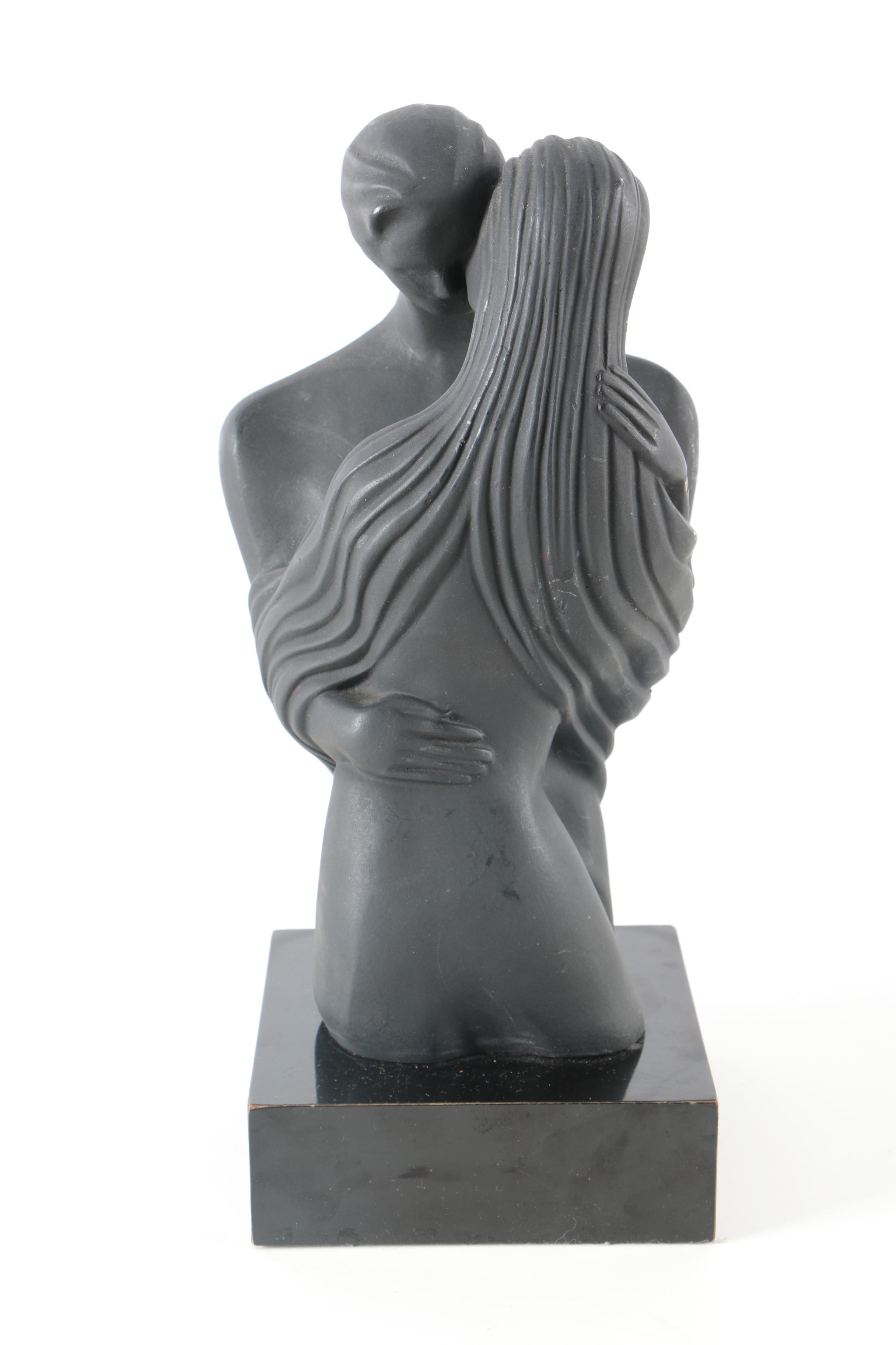 Black Painted Plaster Sculpture of Embracing Couple