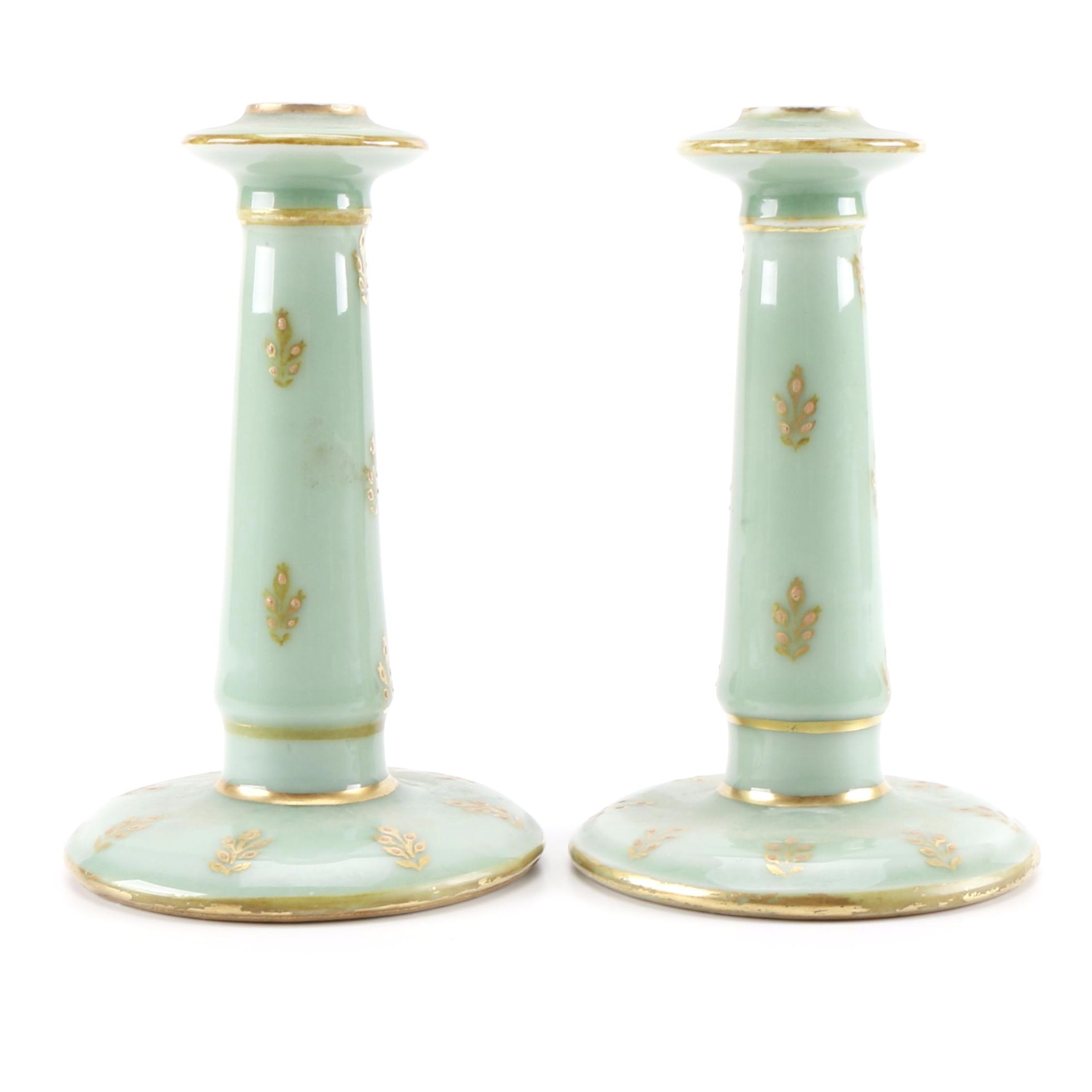 Pair of Green and Gold-Tone Ceramic Candlesticks