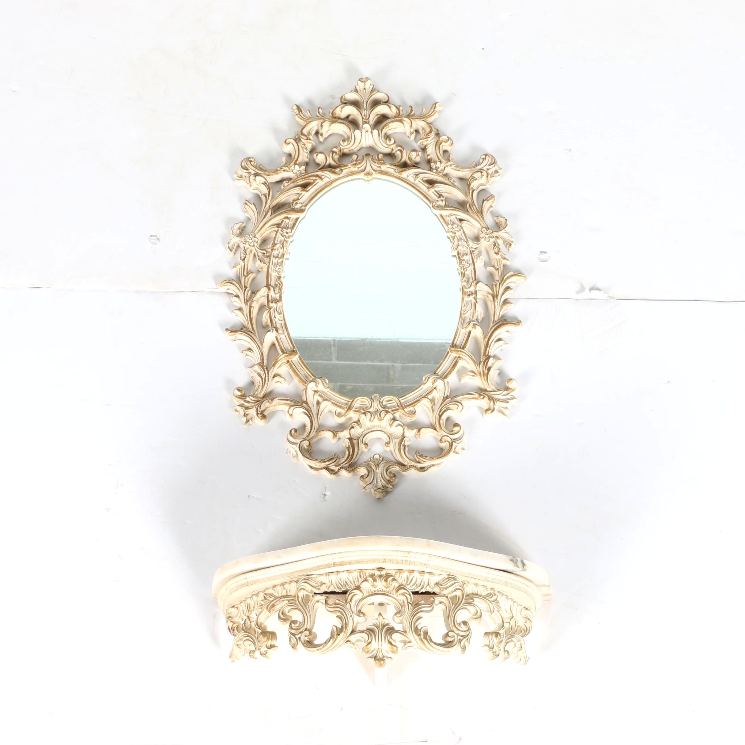 Vintage Rococo Style Wall Mirror and Marble Top Shelf
