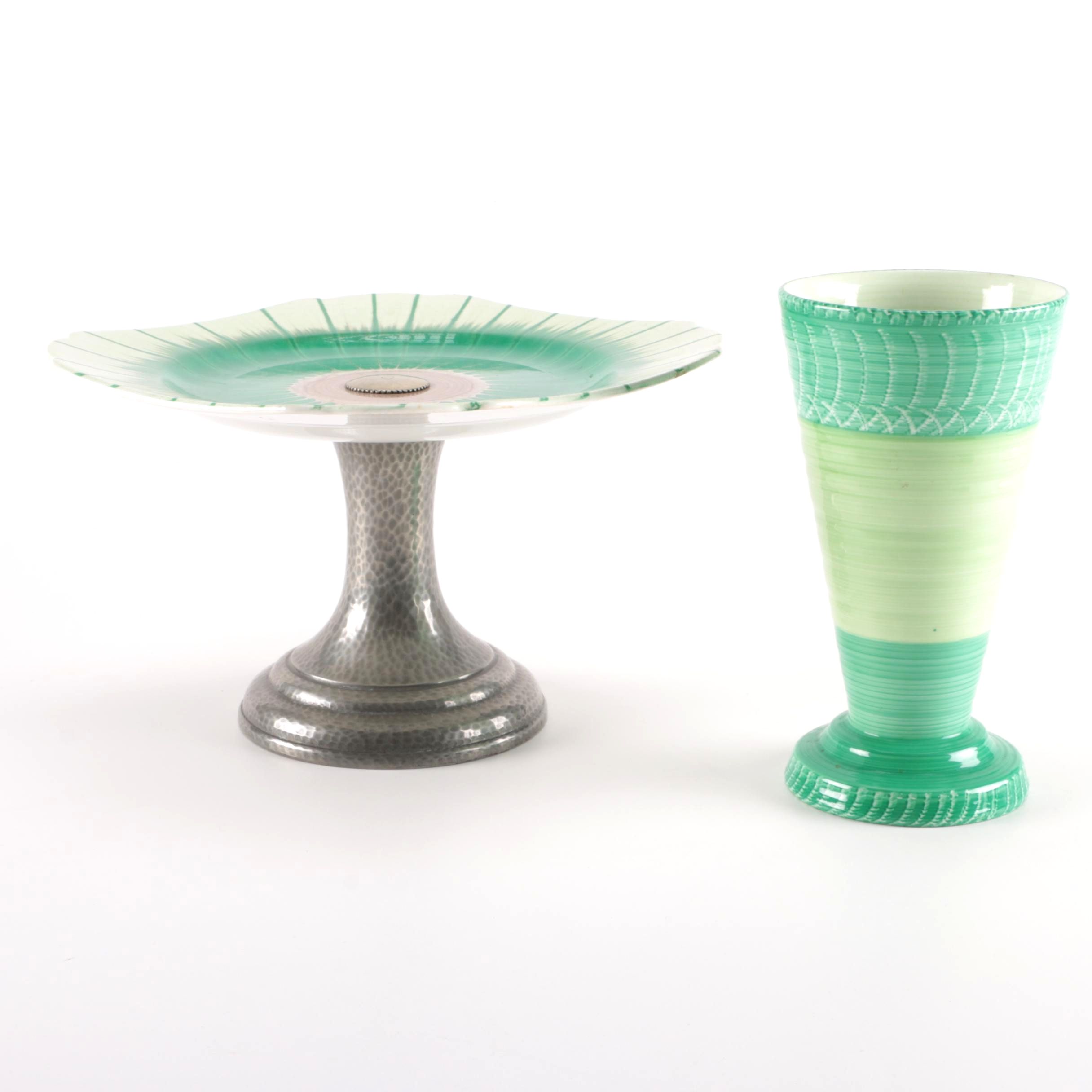 Shelley Ceramic Vase and Platter with Homeland English Pewter Base