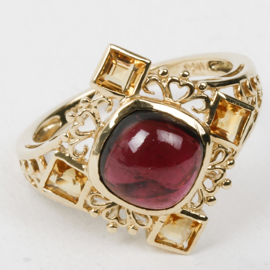 10K Yellow Gold, Garnet, and Citrine Openwork Ring