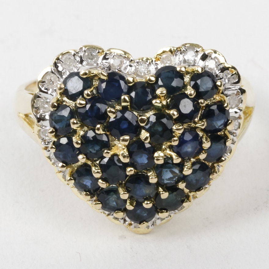 14K Yellow Gold, Sapphire, and Diamond Heart Cocktail Ring