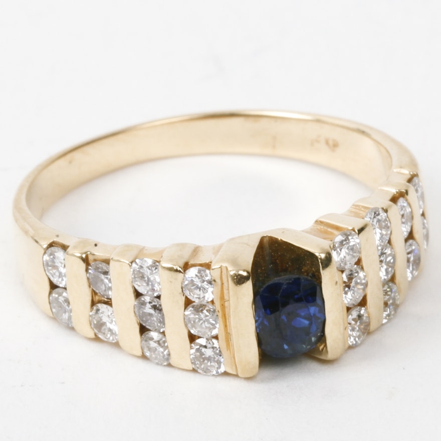 14K Yellow Gold, Sapphire, and Diamond Ring