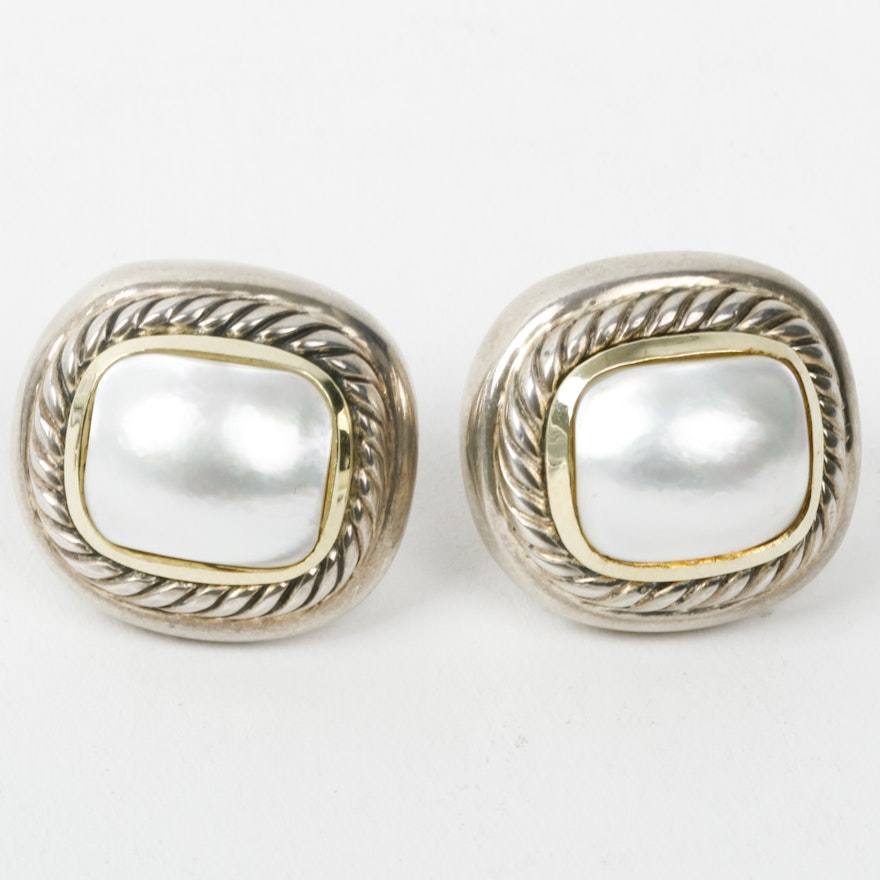 David Yurman Mother of Pearl, Sterling Silver, and 14K Yellow Gold "Albion" Earrings