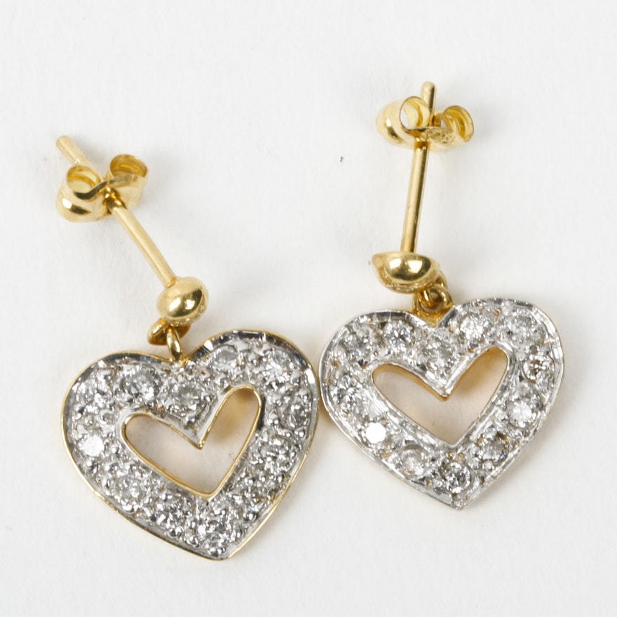 18K Yellow Gold and Pavé Diamond Heart Earrings