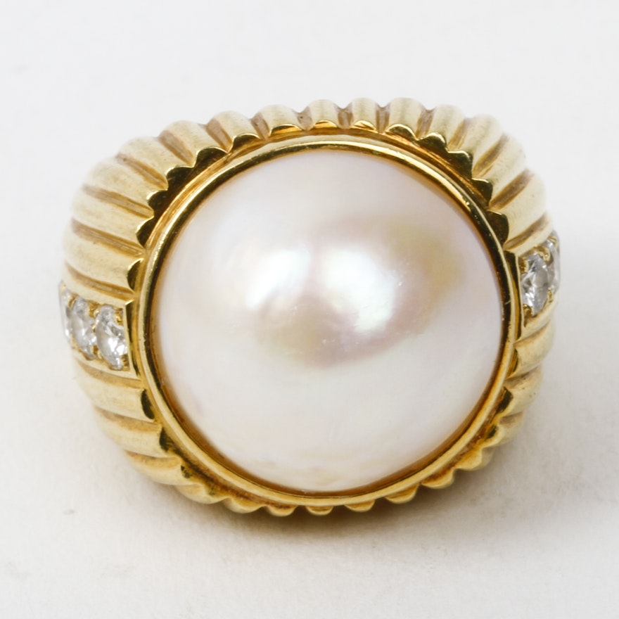 SAZINGG 18K Yellow Gold, Mabe Pearl, and Diamond Dome Ring