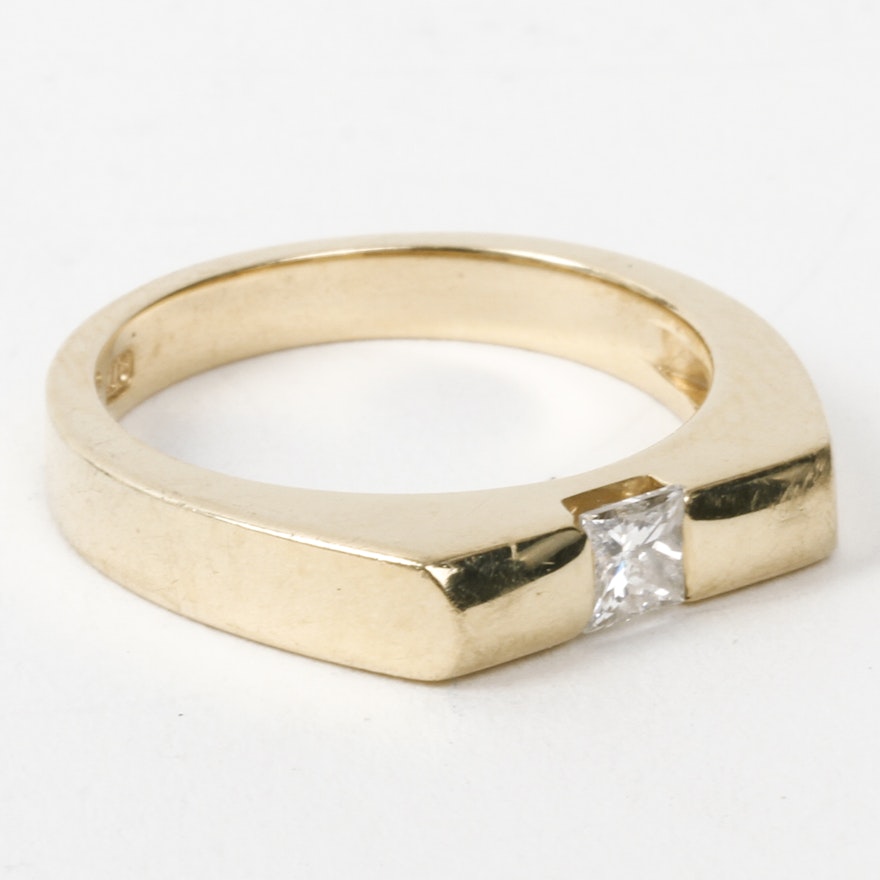14K Yellow Gold and Solitaire Diamond Flat Top Ring