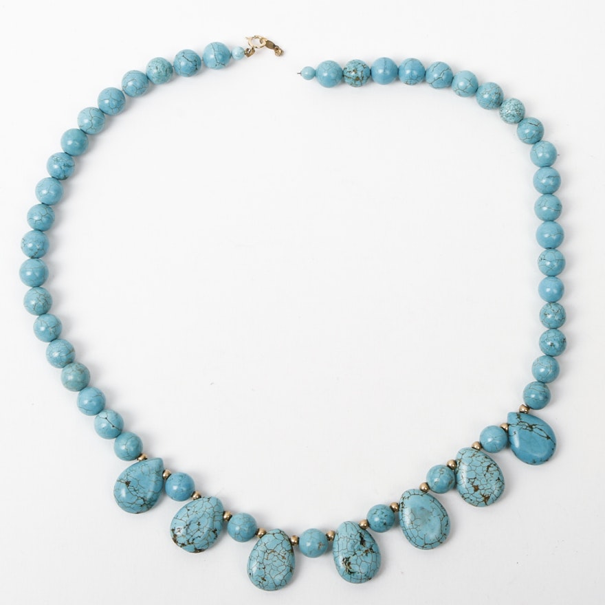 14K Yellow Gold and Dyed Howlite Beaded Necklace