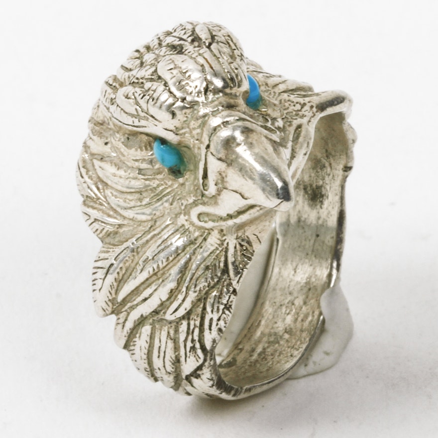 Sterling Silver Carved Eagle Head and Turquoise Statement Ring