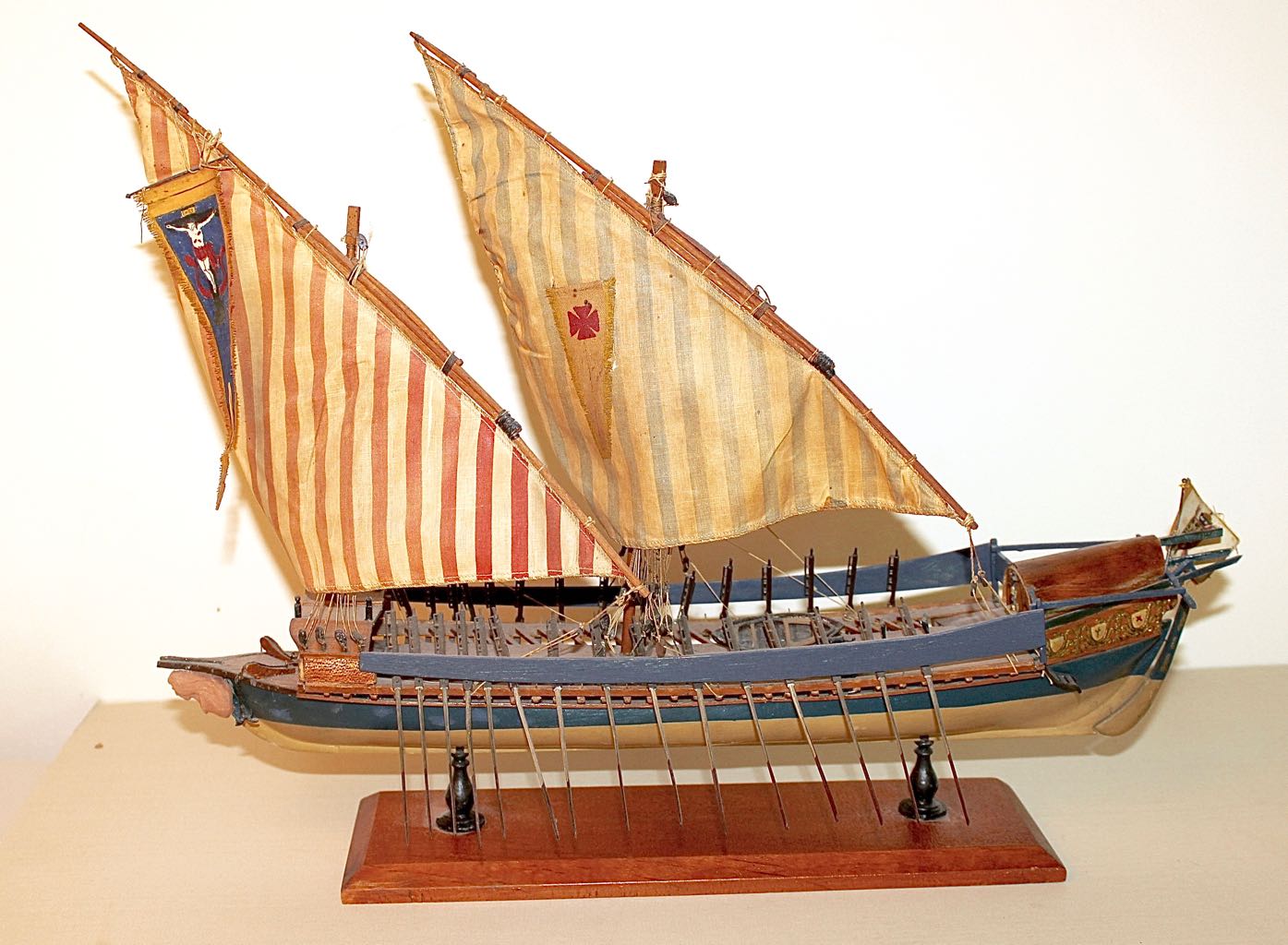 Vintage Model of 16th Century 30 Oar Mediterranean Sailing Galley