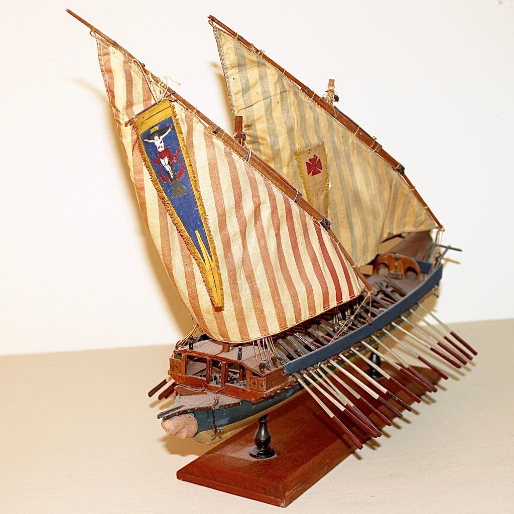 Vintage Model of 16th Century 30 Oar Mediterranean Sailing Galley