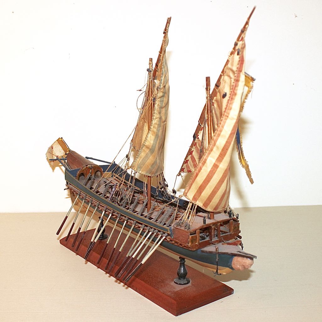 Vintage Model of 16th Century 30 Oar Mediterranean Sailing Galley