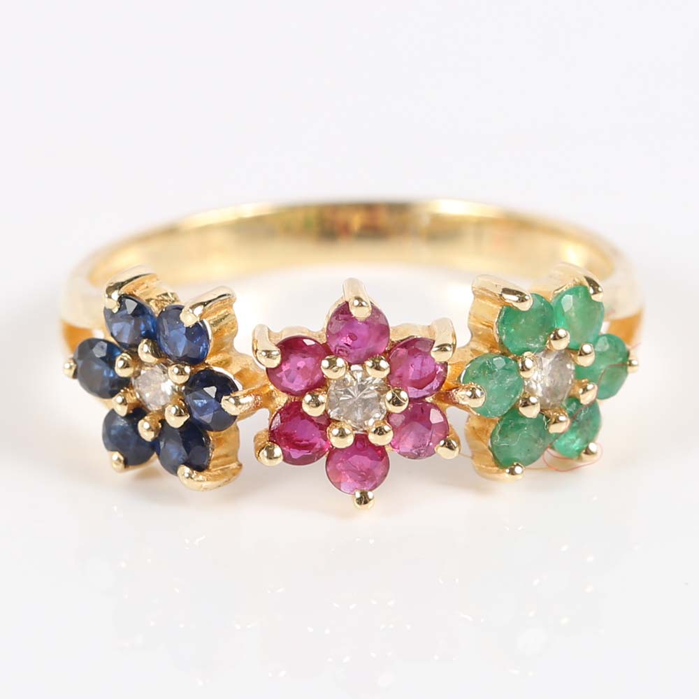 14K Yellow Gold Emerald, Ruby, Sapphire and Diamond Flower Ring