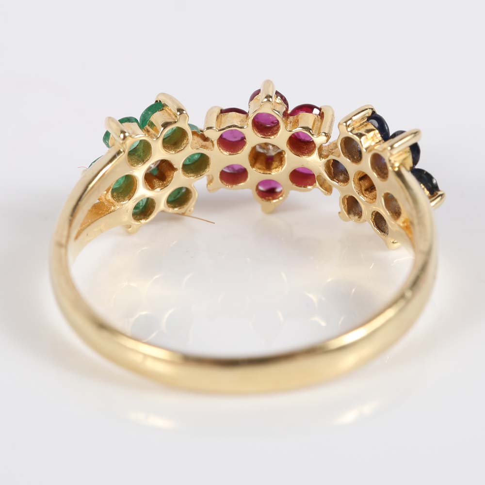 14K Yellow Gold Emerald, Ruby, Sapphire and Diamond Flower Ring