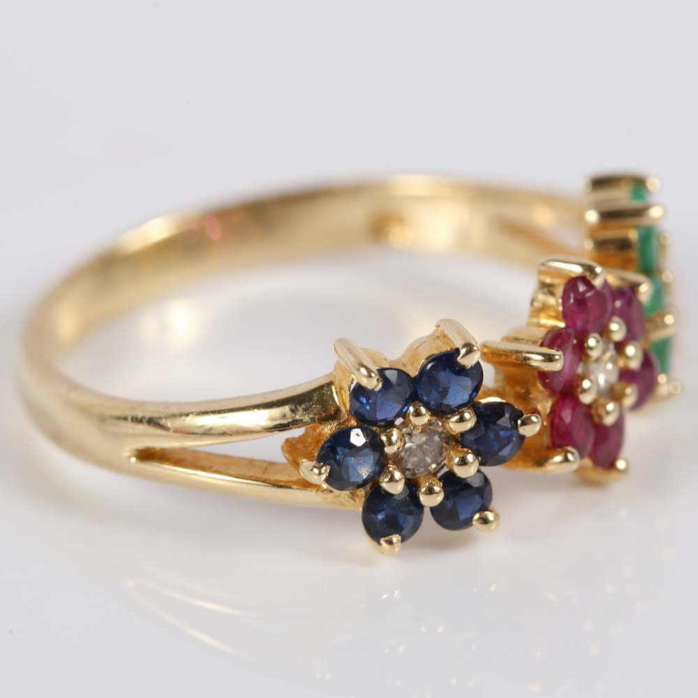 14K Yellow Gold Emerald, Ruby, Sapphire and Diamond Flower Ring