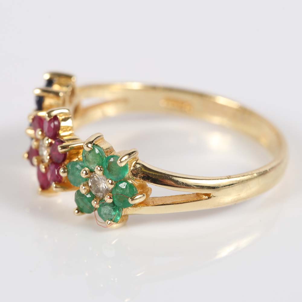 14K Yellow Gold Emerald, Ruby, Sapphire and Diamond Flower Ring