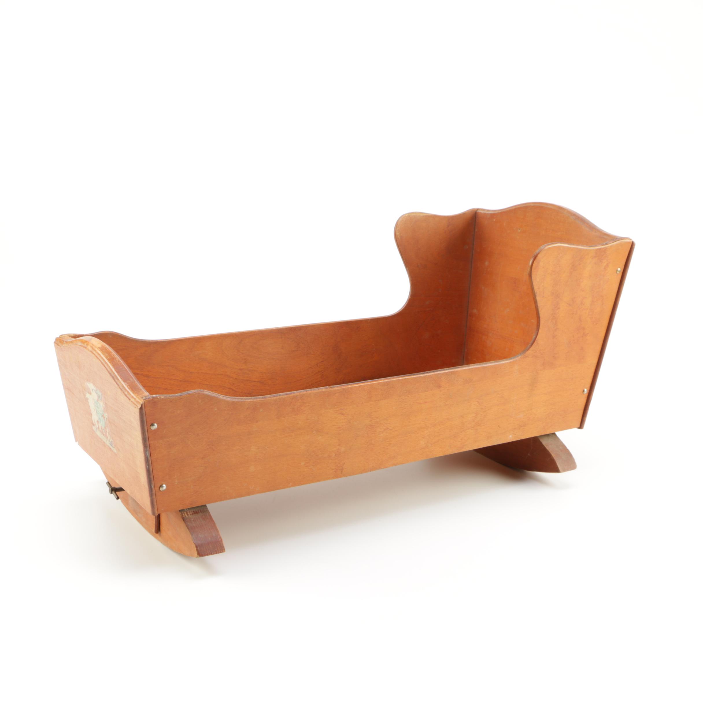 Vintage Wooden Doll Cradle and Doll Clothes
