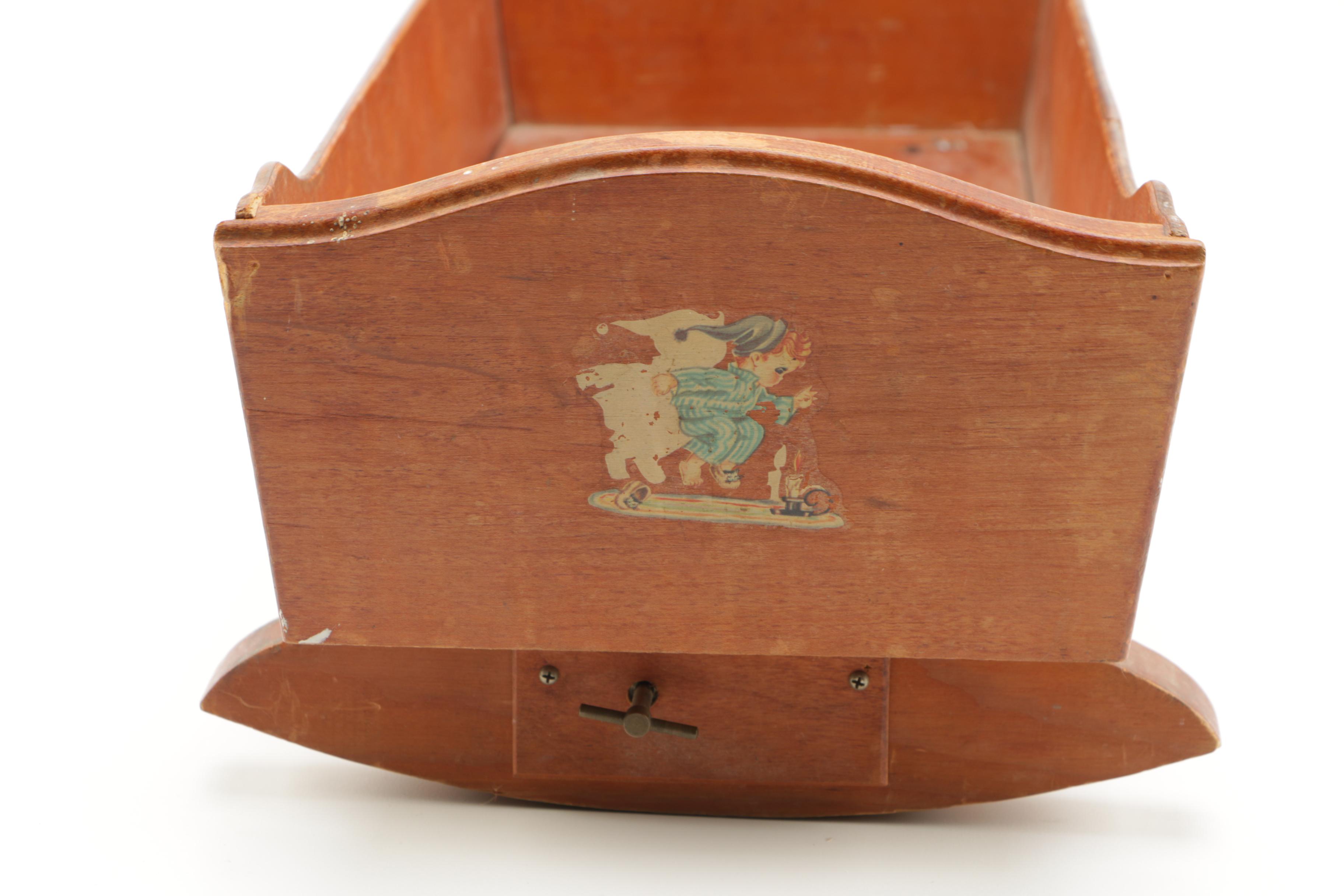 Vintage Wooden Doll Cradle and Doll Clothes