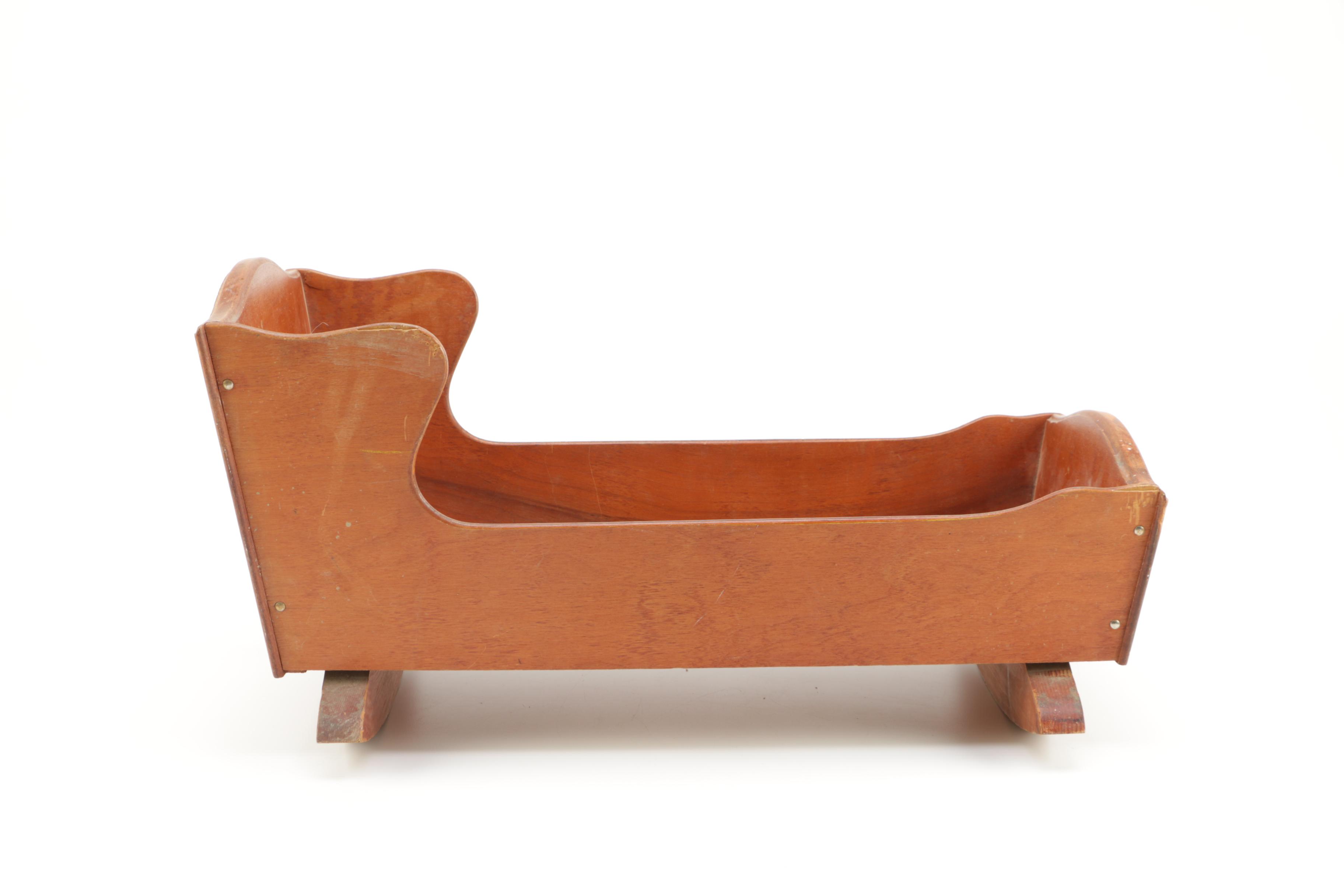 Vintage Wooden Doll Cradle and Doll Clothes