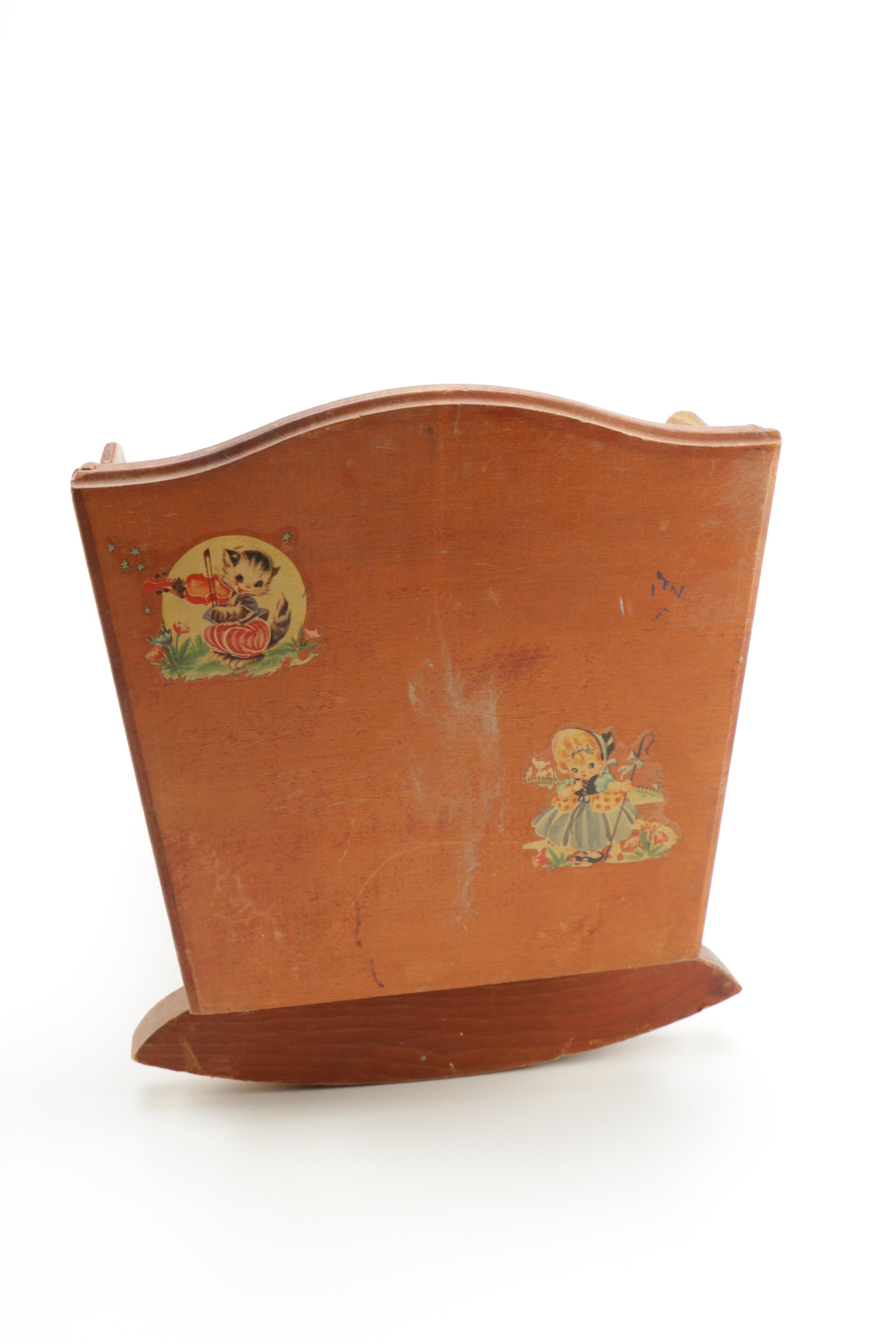 Vintage Wooden Doll Cradle and Doll Clothes