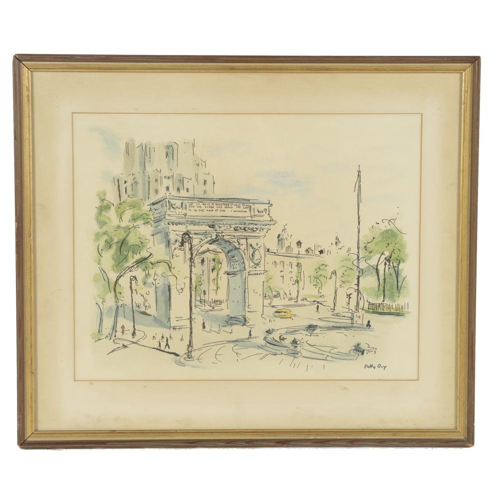 Betty Guy Lithograph with Hand-Painted Watercolor Embellishments on Paper "Washington Square Park, New York City"