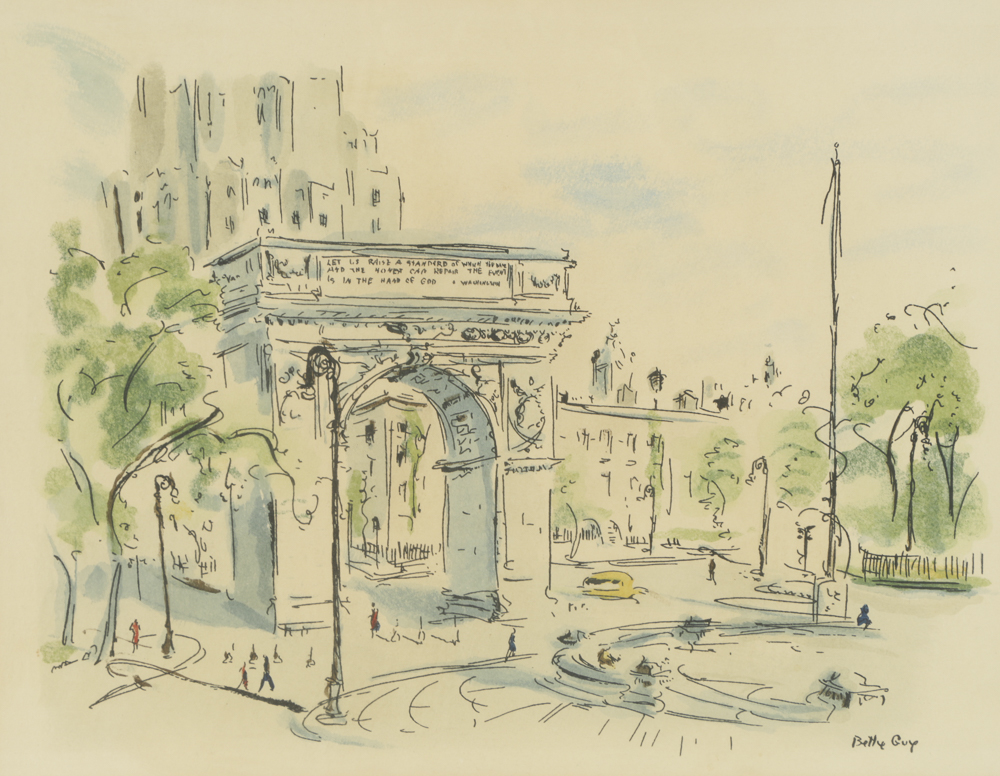 Betty Guy Lithograph with Hand-Painted Watercolor Embellishments on Paper "Washington Square Park, New York City"