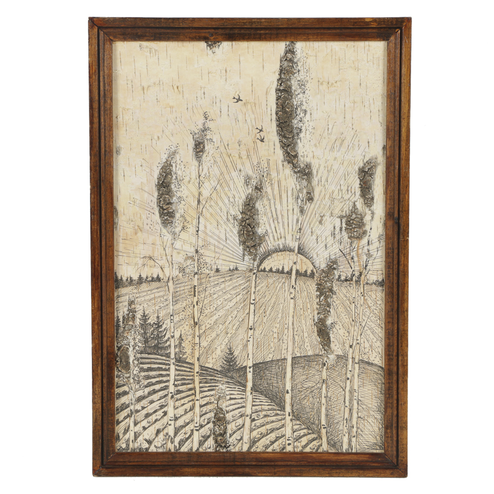 Ink Drawing on Wood Panel Landscape of Birch Trees