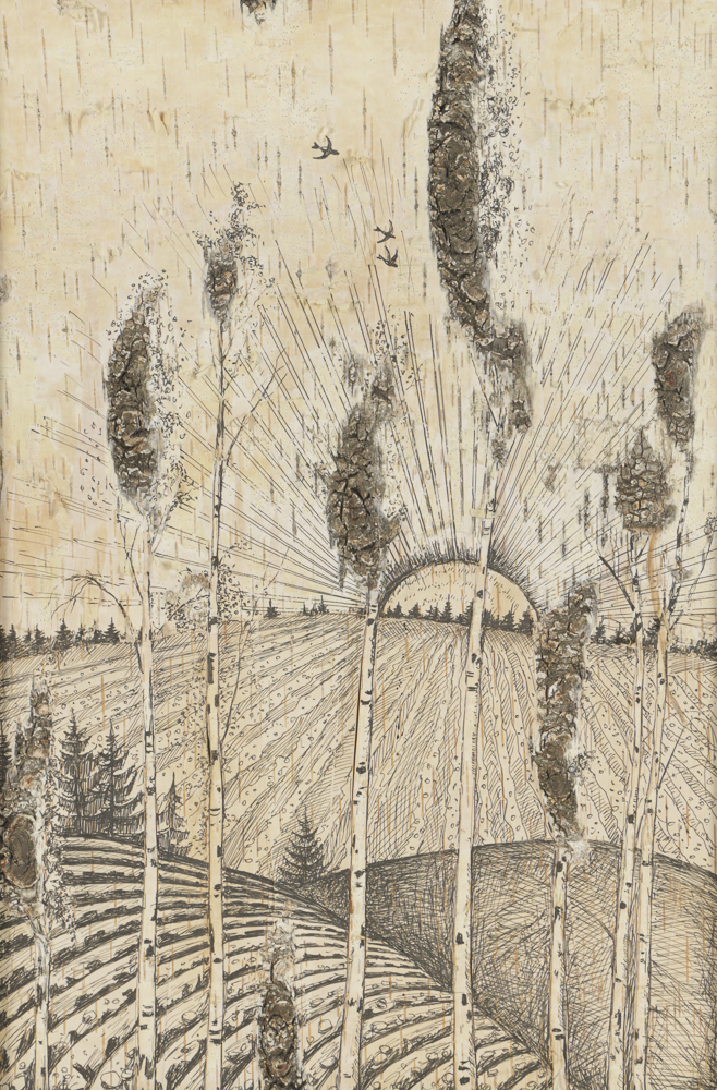 Ink Drawing on Wood Panel Landscape of Birch Trees
