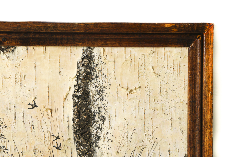 Ink Drawing on Wood Panel Landscape of Birch Trees