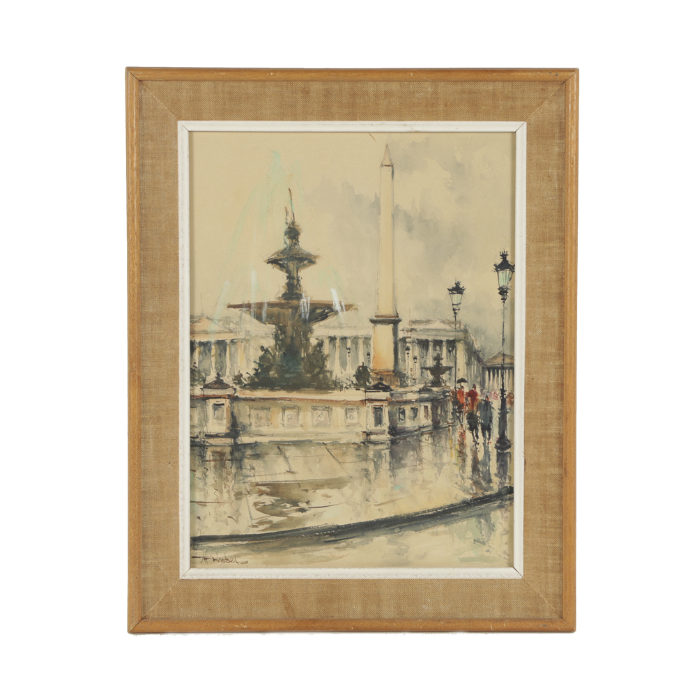 M. Siguel Watercolor on Paper "Paris Place De La Concorde"