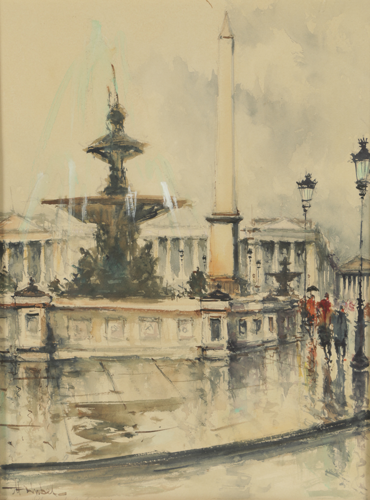 M. Siguel Watercolor on Paper "Paris Place De La Concorde"