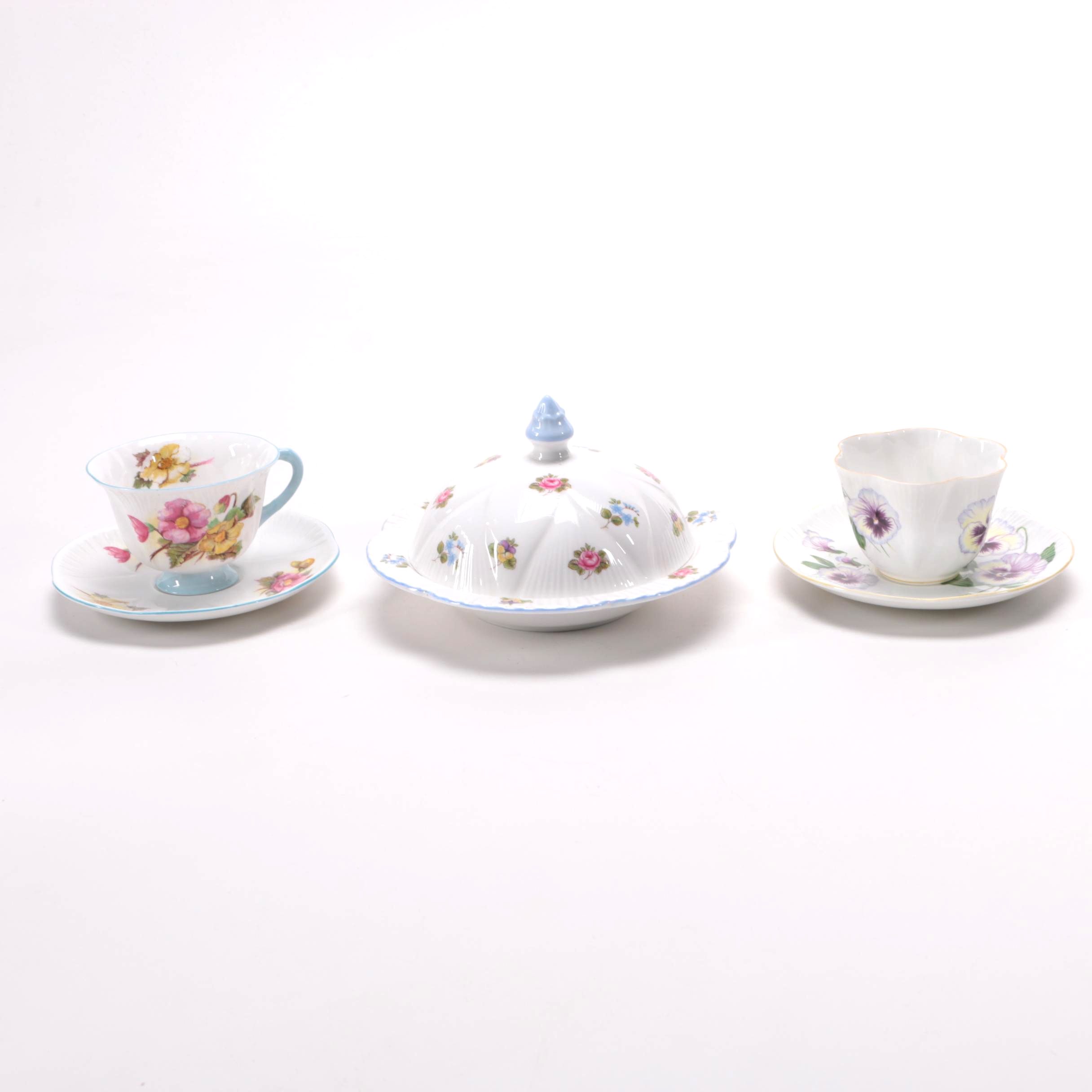 Shelley Floral Tea Cups and Butter Dish