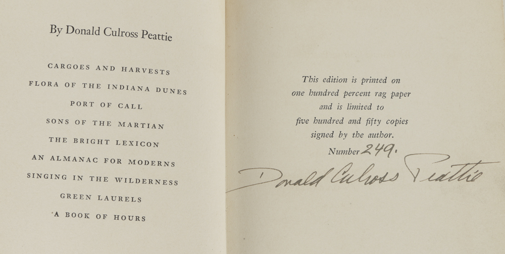 Donald Culross Peattie Signed Limited Edition "A Book of Hours" 1937