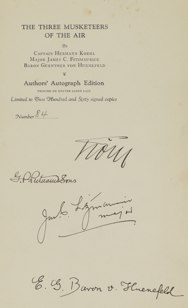 1928 Signed Limited Edition of "The Three Musketeers of the Air" by Hermann Koehl, James Fitzmaurice, and Guenther von Huenefeld
