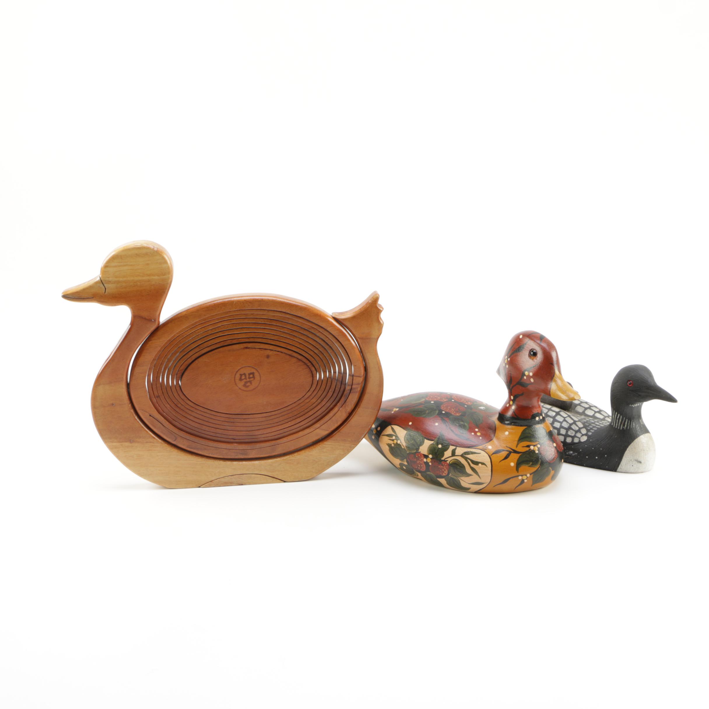 Folk Art Wooden Ducks and Bowl