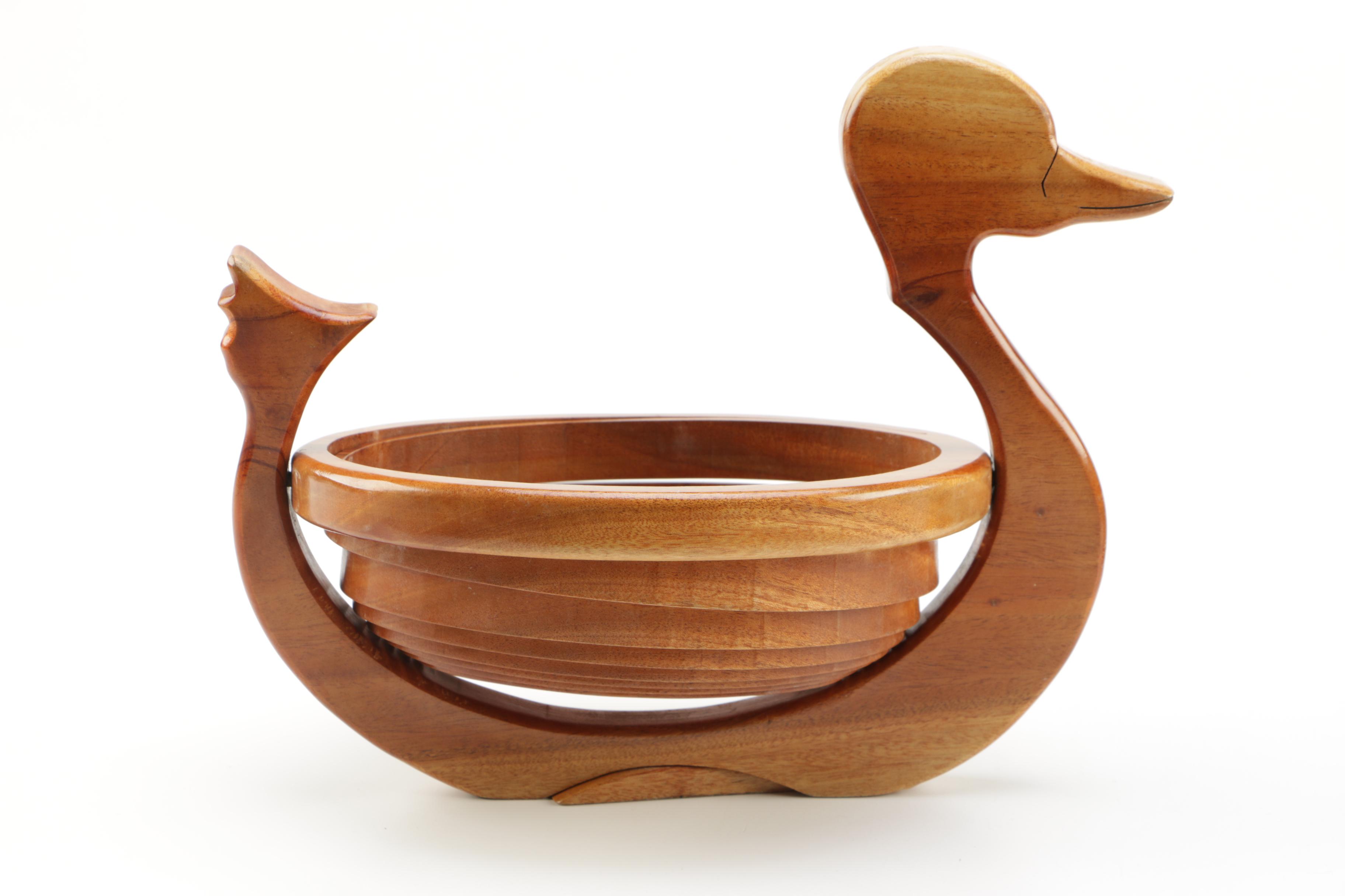 Folk Art Wooden Ducks and Bowl