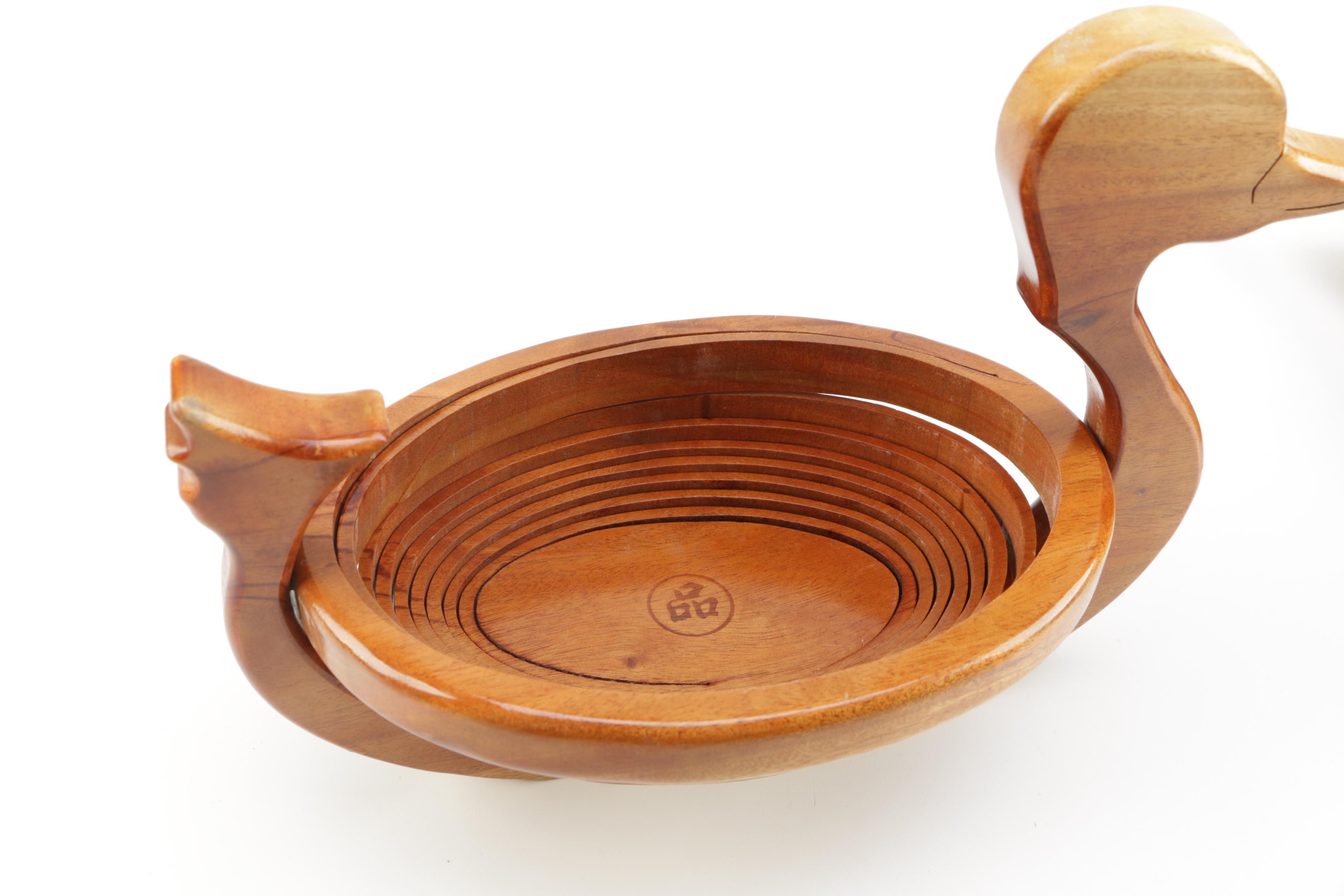 Folk Art Wooden Ducks and Bowl