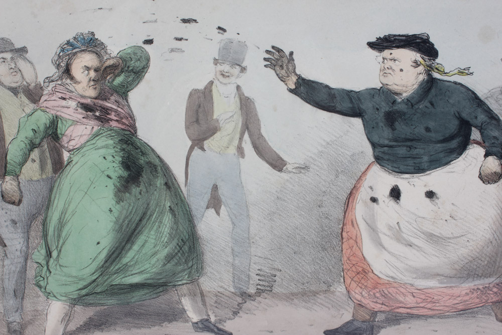 Pair of Hand Colored Lithographs "A Shocking Dirty Affair" and "The Reconciliation"