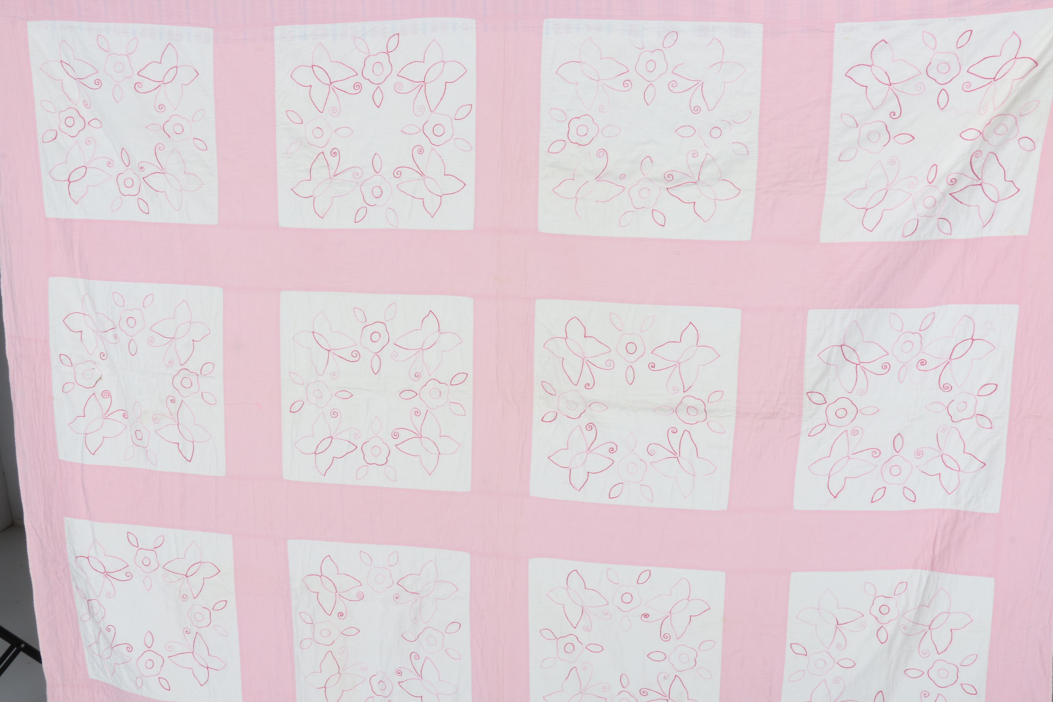 Vintage Handmade Embroidered Quilt with Flowers and Butterflies