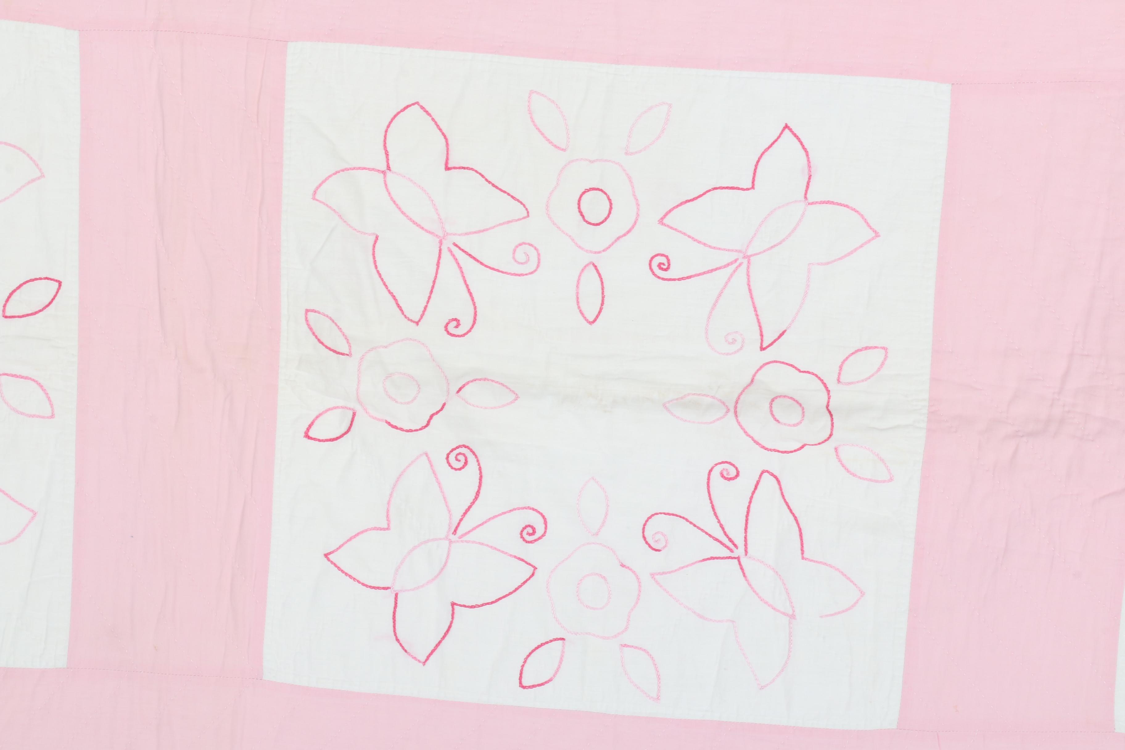 Vintage Handmade Embroidered Quilt with Flowers and Butterflies