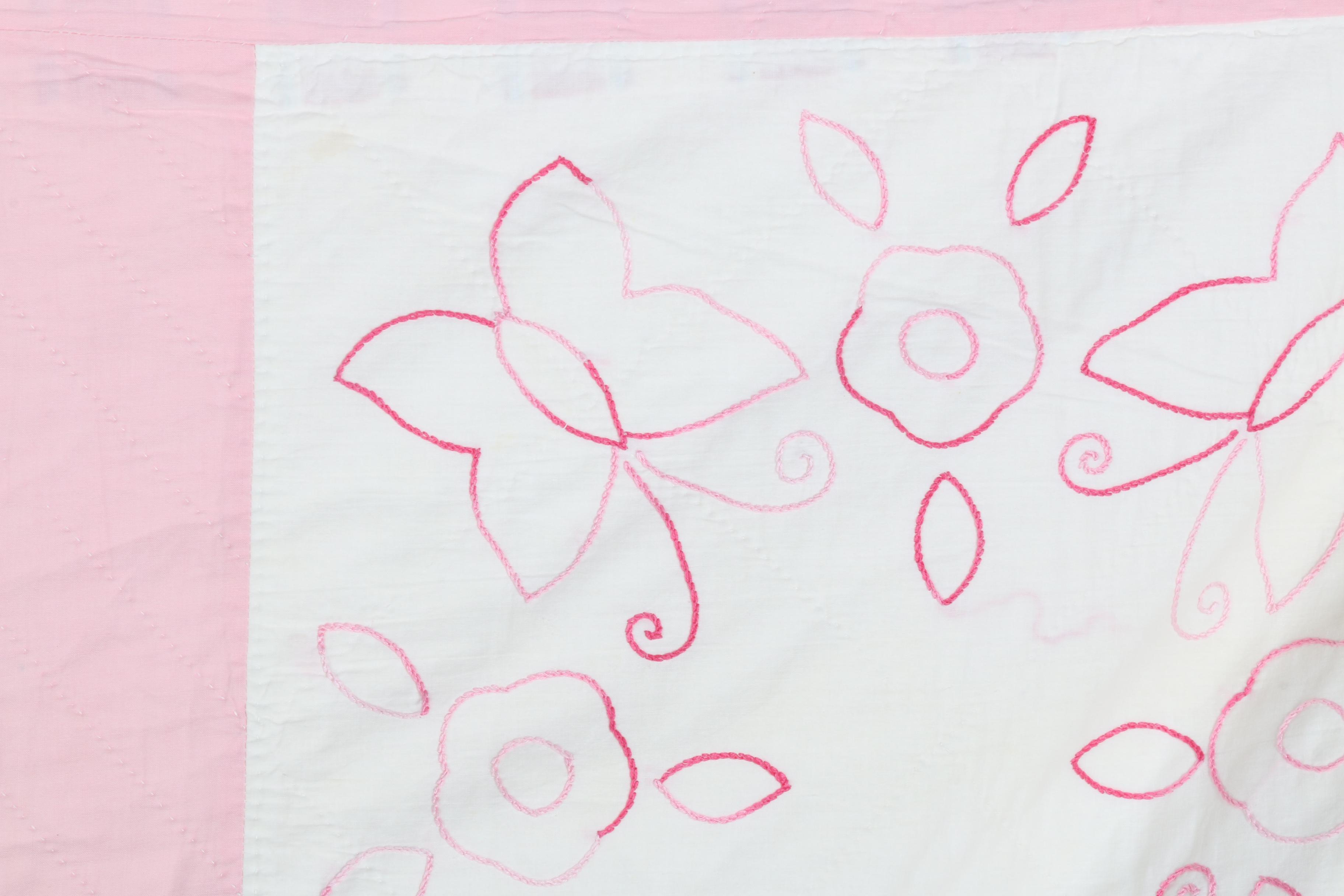 Vintage Handmade Embroidered Quilt with Flowers and Butterflies