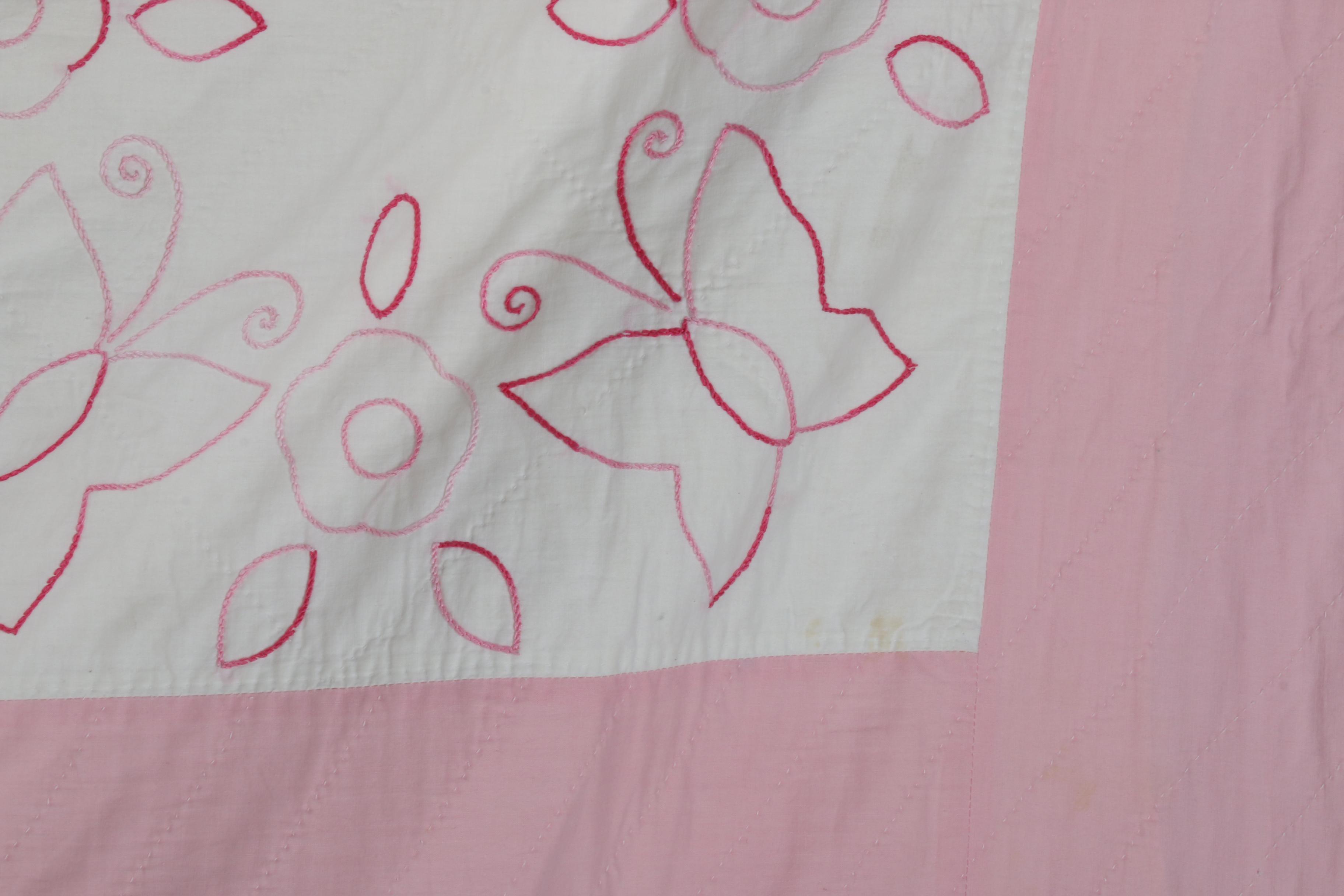 Vintage Handmade Embroidered Quilt with Flowers and Butterflies