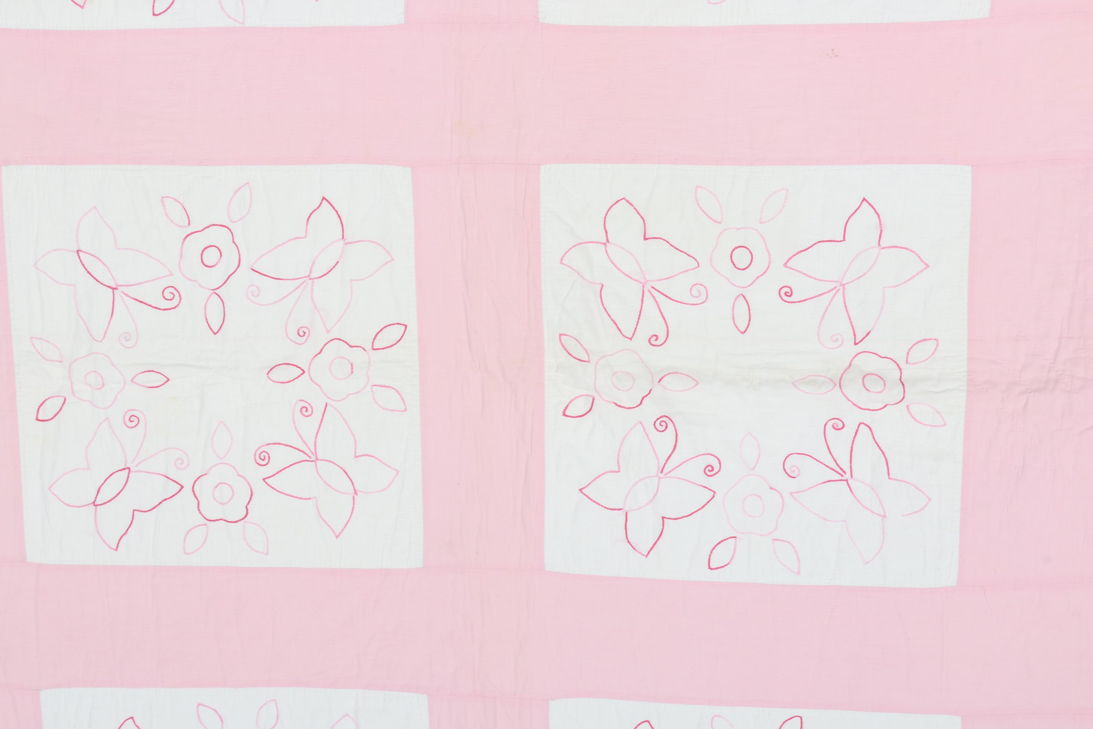 Vintage Handmade Embroidered Quilt with Flowers and Butterflies