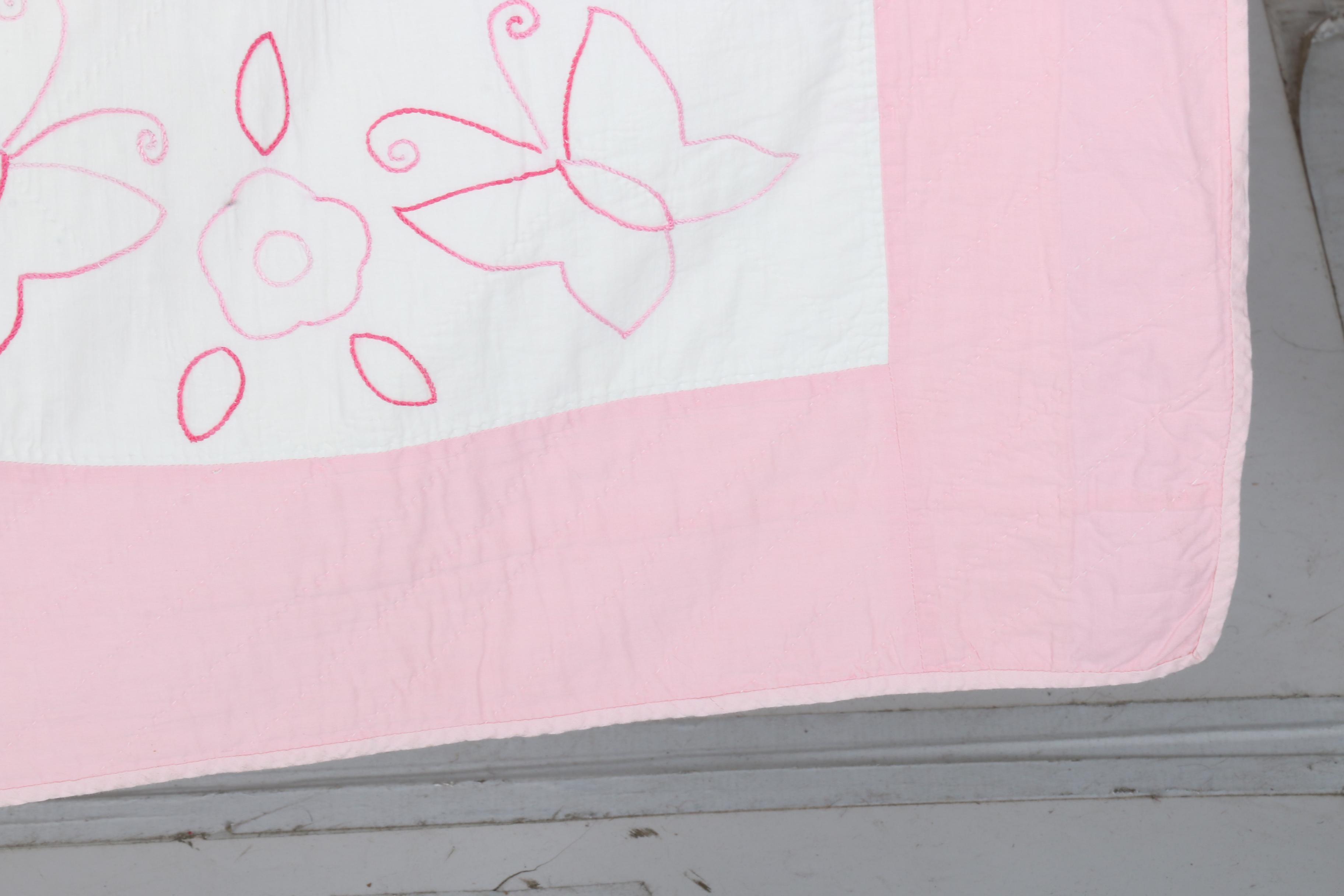 Vintage Handmade Embroidered Quilt with Flowers and Butterflies