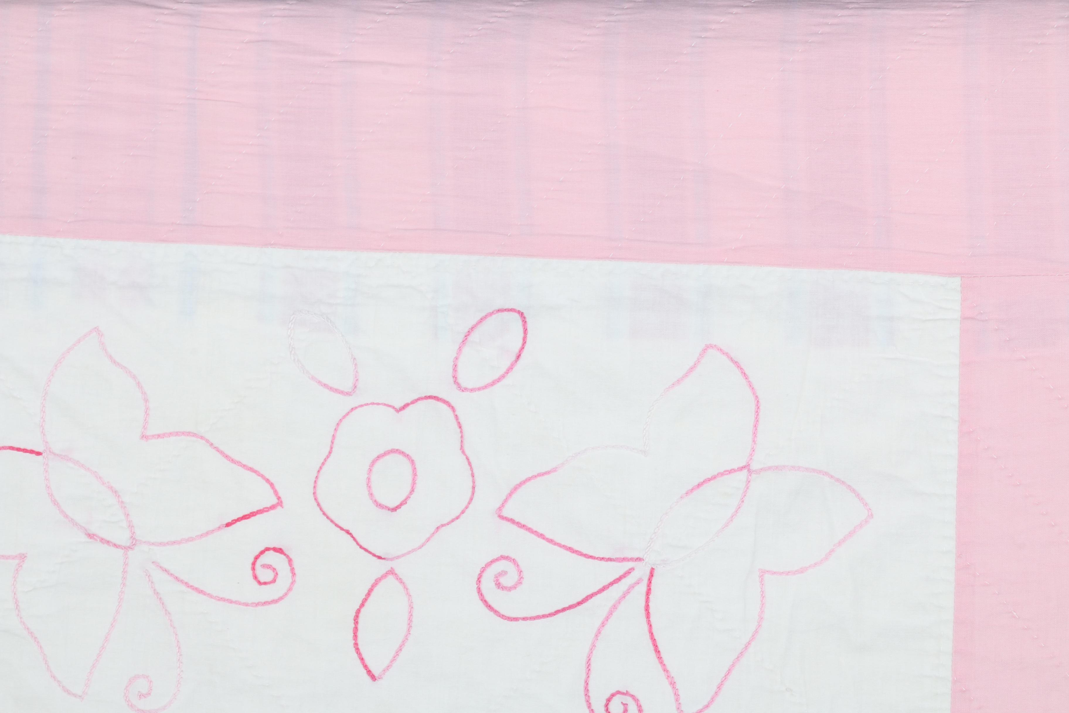 Vintage Handmade Embroidered Quilt with Flowers and Butterflies