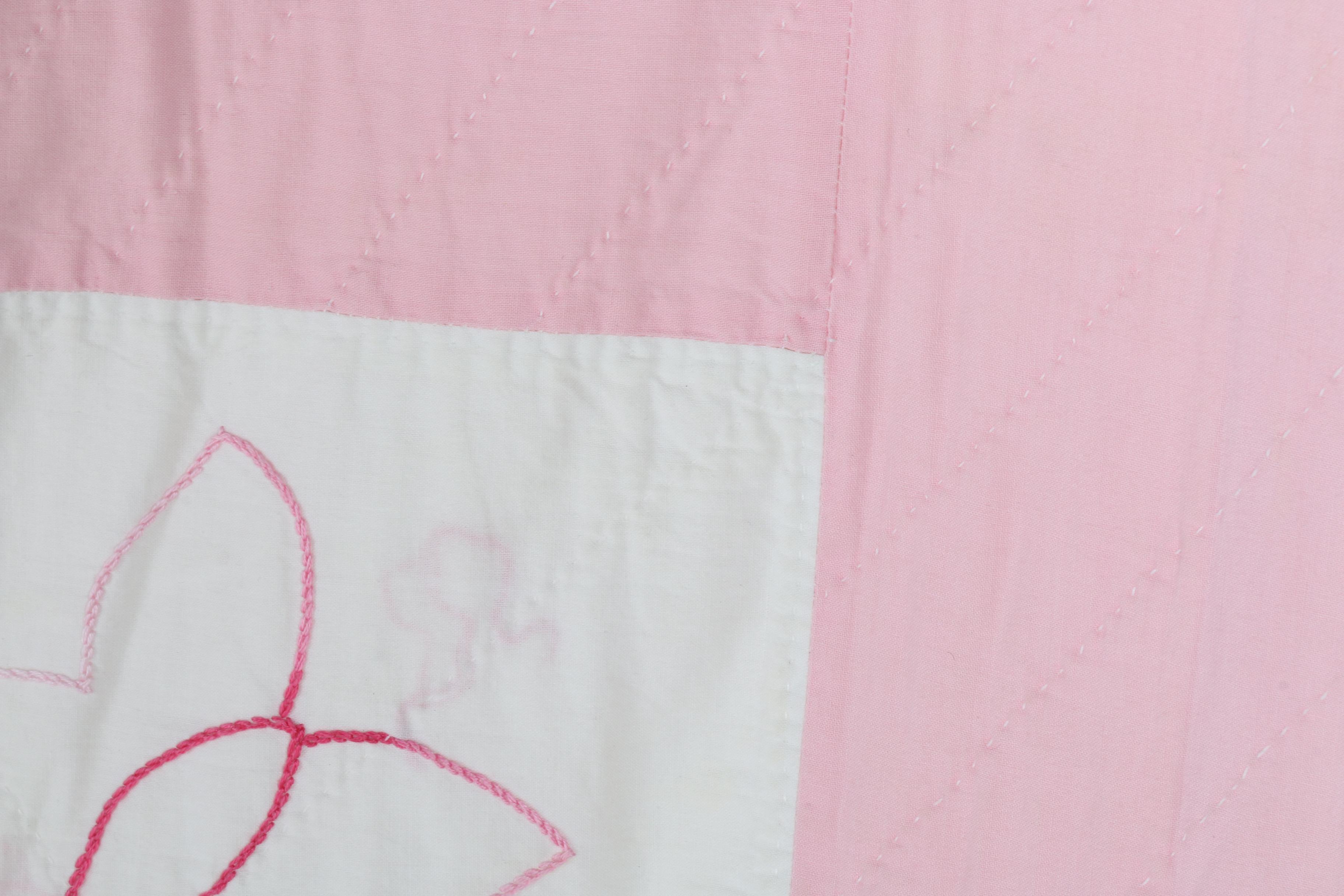 Vintage Handmade Embroidered Quilt with Flowers and Butterflies