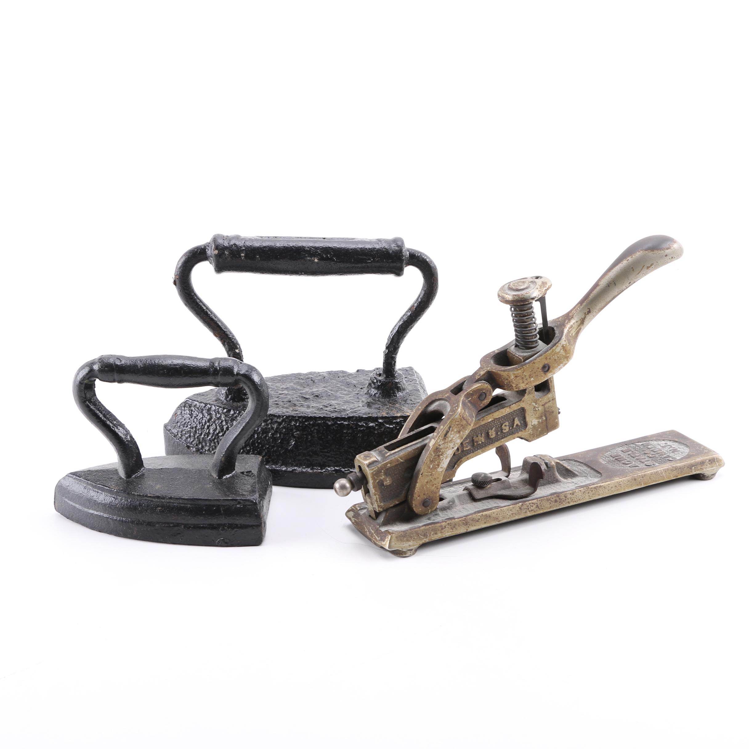 Pair of Early 20th Century Sad Irons and Acme "Midget" Stapler