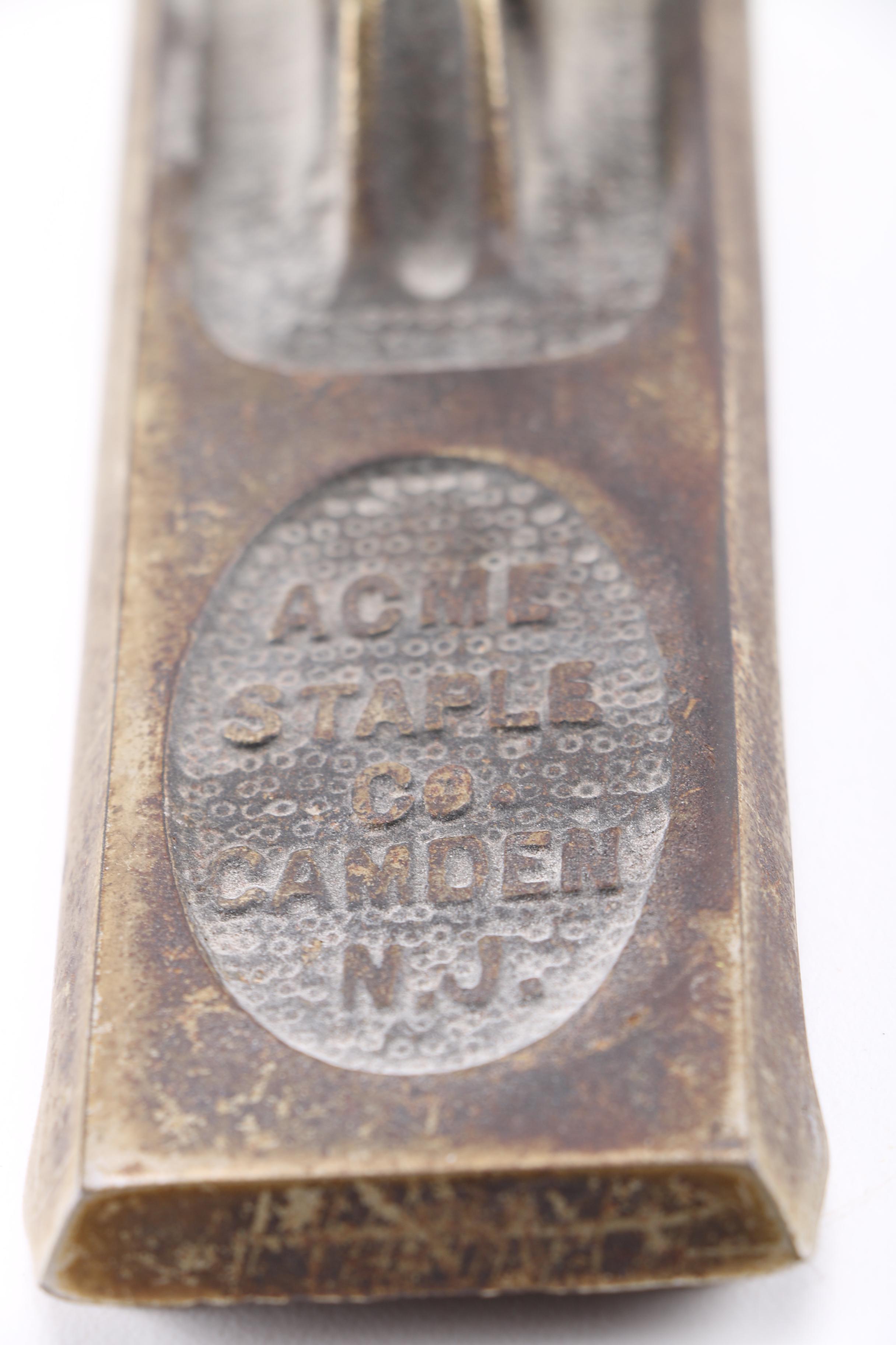Pair of Early 20th Century Sad Irons and Acme "Midget" Stapler