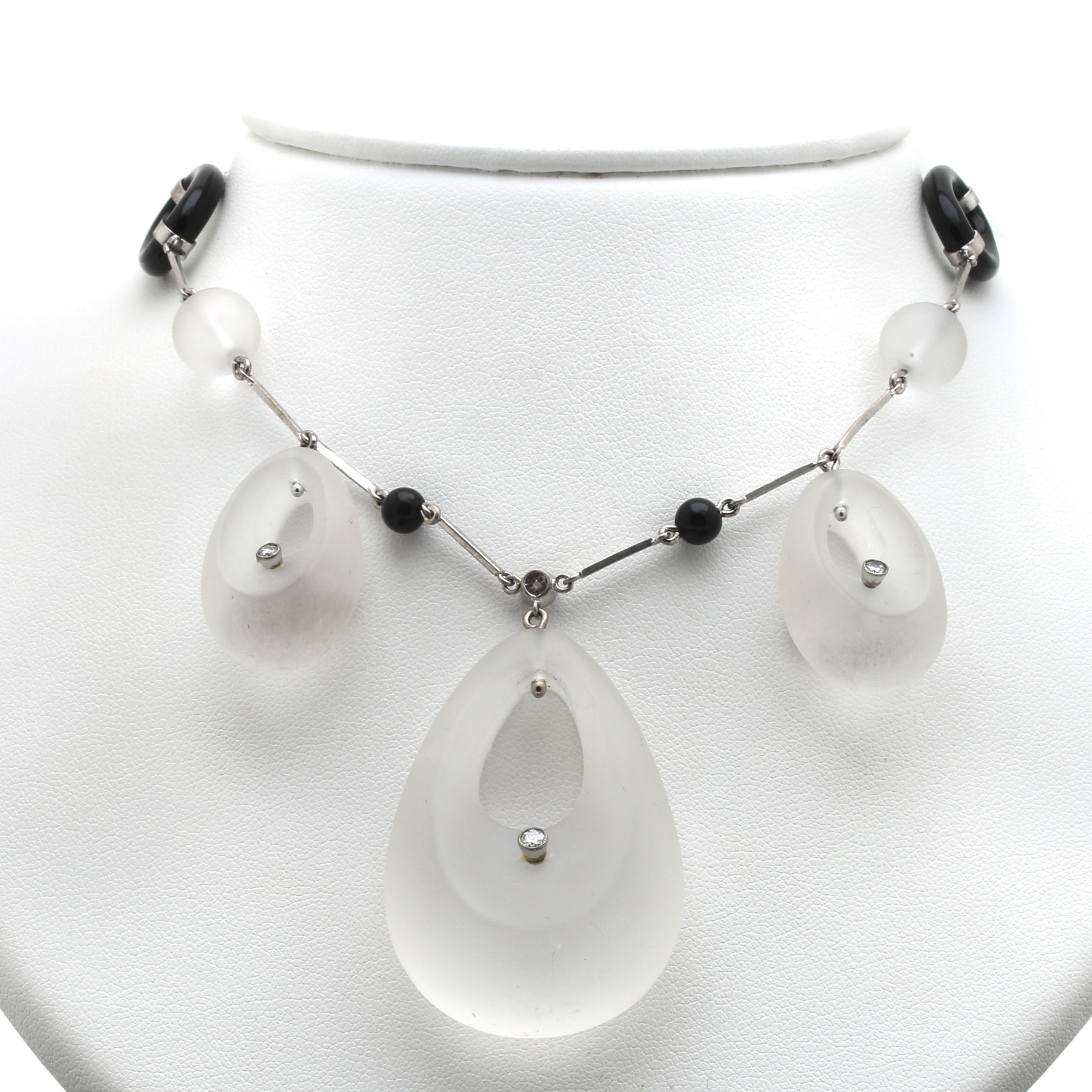 9K and 18K White Gold Quartz Crystal, Black Onyx, and Diamond Necklace